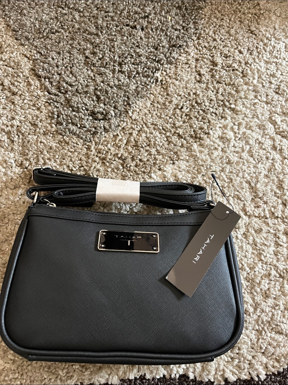 Tahari Black Crossbody with Silver Nameplate